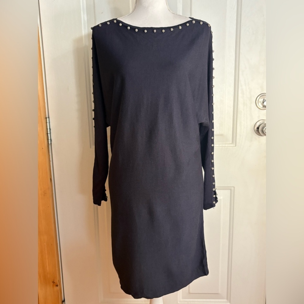 NIC+ZOE Dark Navy Long Sleeve Dress with Silver Bead Details size Small